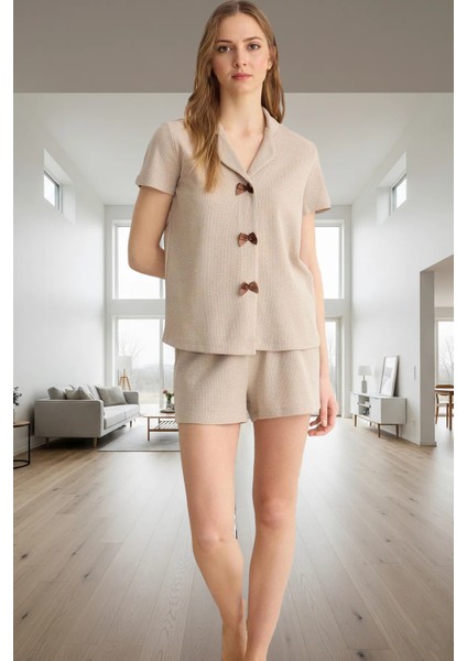 2'li Pijama Takımı Şortlu Kurdele Detaylı Yazlık Modern Stil Mükemmel Uyum Yüksek Kalite