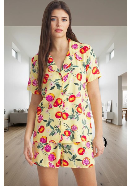 Yazlık Çok Meyve Desenli Viskoz Pijama Takımı Modern Stil Konforlu Kesim Kaliteli Işçilik