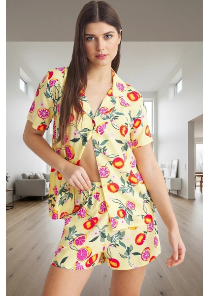 Yazlık Çok Meyve Desenli Viskoz Pijama Takımı Modern Stil Konforlu Kesim Kaliteli Işçilik fiyatları