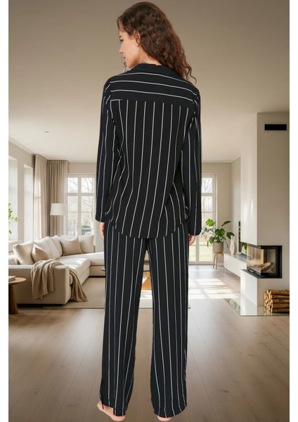 Nefes Alan Viskoz Pijama Takımı Şık Çizgiler Yırtmaç Detay Regular Kalıp Ev Konforu modelleri