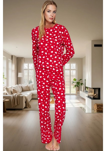 Rahat Pamuklu Pijama Takımı Kışlık Homewear Seti Kalpli Desen Uzun Kollu Özenle Seçilmiş