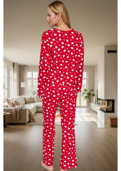 Rahat Pamuklu Pijama Takımı Kışlık Homewear Seti Kalpli Desen Uzun Kollu Özenle Seçilmiş modelleri