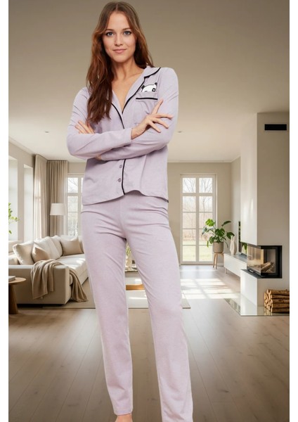 Rahat Yumuşak Örme Pijama Takımı; Panda Baskı Uzun Kollu Pamuklu Seçkin Malzeme