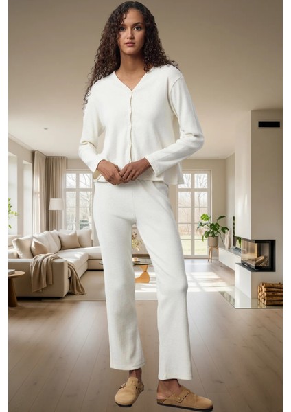 Kışlık 2'li Pijama Takımı Pamuk Karışımlı Hırka ve Pantolon Uzun Ömürlü Dayanıklı Malzeme