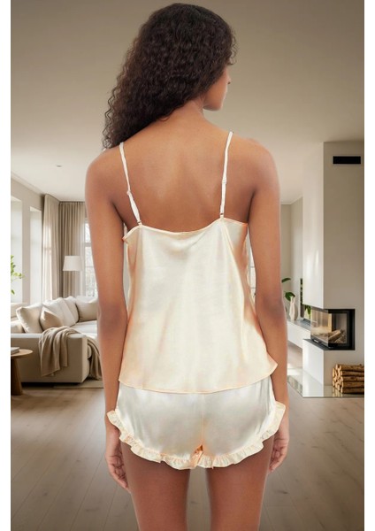 100% Polyester Saten Pijama Takımı V Yaka Fırfırlı Boru Paça Yazlık Özel Tasarım modelleri