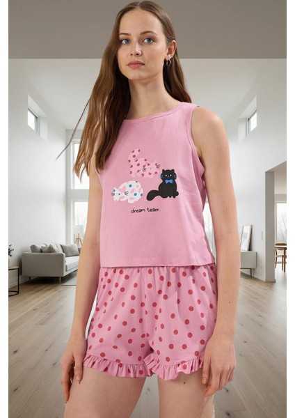 Pamuklu Kedili Puantiyeli Pijama Takımı Rahat ve Şık Yaz Uykusu Özel Tasarım Profesyonel Görünüm