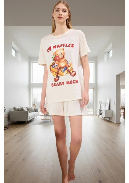 Yazlık Örme Pamuklu Pijama Takımı; Ayıcıklı Desen Renk Rahat Kalıp Şık Görünüm Modern Stil