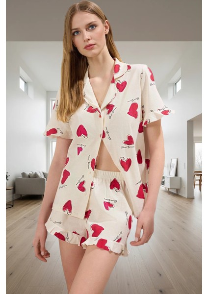 Rahat ve Şık Pamuklu Kalpli Pijama Takımı Gömlek+Şort Yaz Için Ideal Profesyonel Görünüm fiyatları