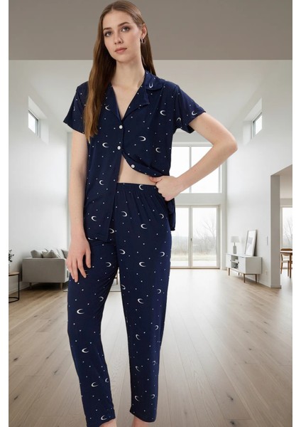 Evde Rahatlık Için 2'li Pijama Takımı Örme Kumaş Galaksi Desen Özel Tasarım Şık Görünüm