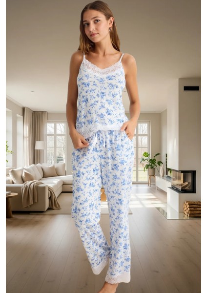 Ince Askılı V Yaka Dantelli Viskoz Örme Pijama Takımı 2'li Rahat ve Şık Kaliteli Işçilik