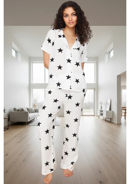 Shally Dokuma Viskoz Pijama Takımı Yıldız Desenli Geniş Paça Regular Kalıp Mükemmel Uyum fiyatları