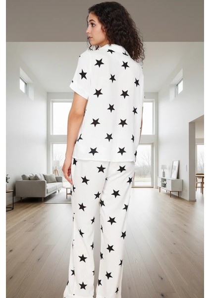 Shally Dokuma Viskoz Pijama Takımı Yıldız Desenli Geniş Paça Regular Kalıp Mükemmel Uyum modelleri