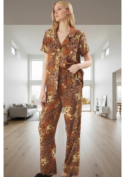 100% Viskoz Shally Dokuma Pijama Takımı Leopar Desenli Regular Kalıp Dayanıklı Malzeme fiyatları