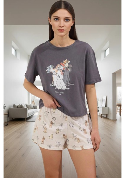 Rahat Yazlık 2'li Pijama Takımı Köpek Desenli Şortlu Pamuk Örme Şık Görünüm Modern Stil
