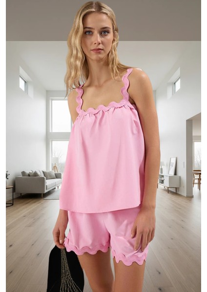 Şerit Detaylı Kolsuz Pamuklu Pijama Takımı Regular Yazlık Rahat Konforlu Kesim