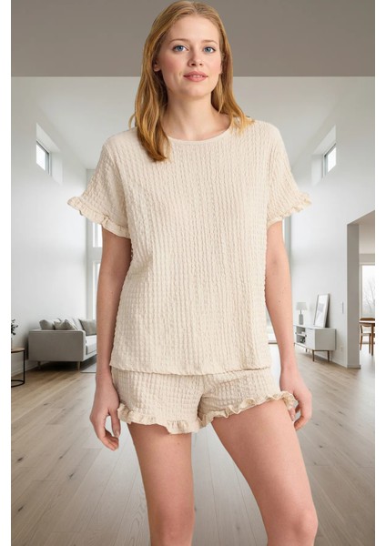 2'li Pijama Takımı Yumuşak Örme Kumaş Fırfırlı Yaz Için Ideal Modern Stil Rahat Kullanım