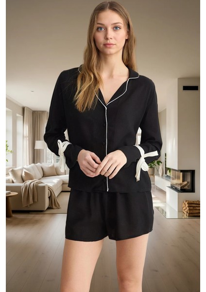 Rahat ve Şık Kadın Pijama Takımı Viskoz Şortlu Uzun Kollu Kullanım Ömürlü