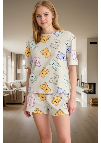 Yazlık Ayıcıklı Pijama Takımı %100 Pamuk Regular Kalıp Seçkin Malzeme Günlük Kullanım Için