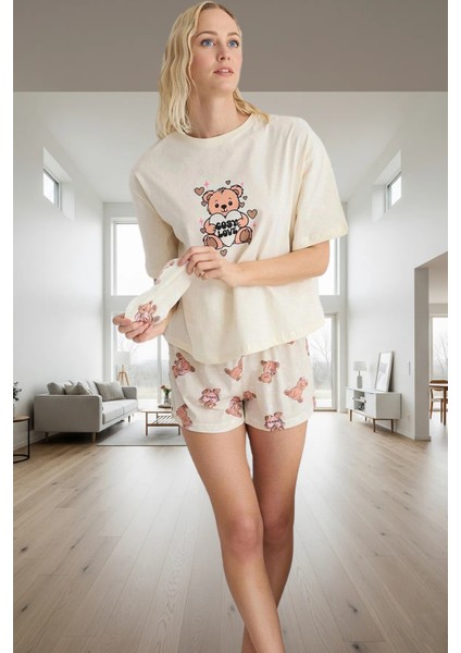 Yazlık 3lü Pijama Takımı %100 Pamuk Ayıcık Desenli Rahat Kalıp ve Şık Kullanım