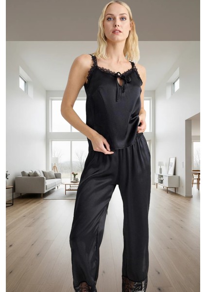 Ilkbahar Sonbahar Homewear Saten Pijama Takımı Dantel Detay 2'li Set Seçkin Malzeme