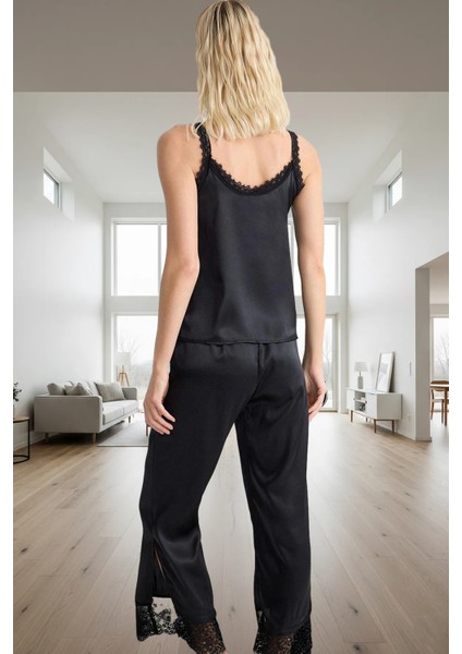 Ilkbahar Sonbahar Homewear Saten Pijama Takımı Dantel Detay 2'li Set Seçkin Malzeme modelleri