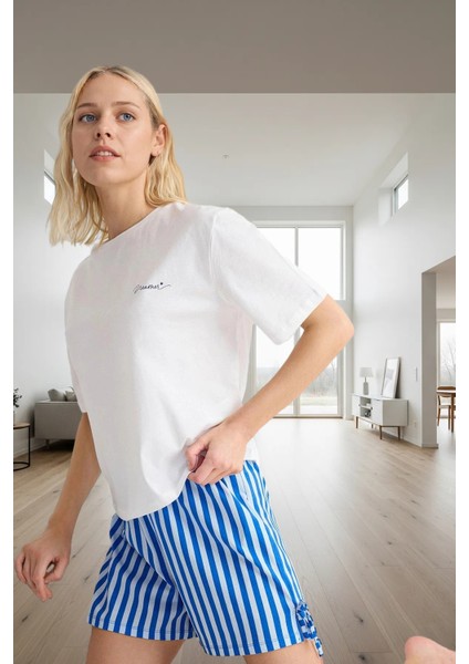 100 Pamuk Örme Pijama Takımı Şık Çizgili Desen Boru Paça Şort Rahat Kalıp ve