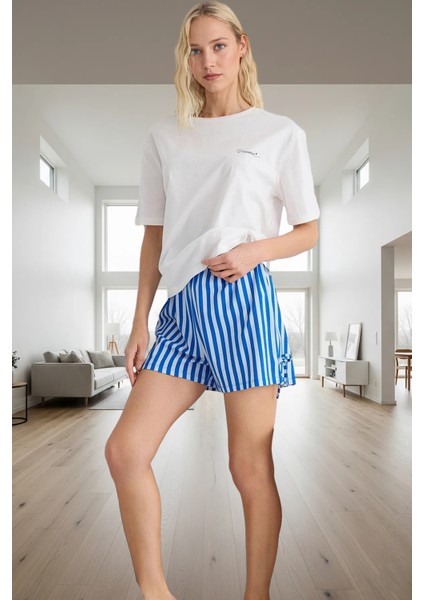 100 Pamuk Örme Pijama Takımı Şık Çizgili Desen Boru Paça Şort Rahat Kalıp ve fiyatları