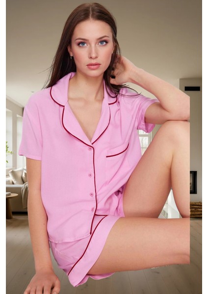Viskoz Pijama Takımı Şortlu Rahat Nefes Alan Yazlık Homewear Kullanım Özel Tasarım