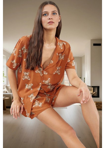 Dokuma Viskoz Pijama Takımı Şortlu Ayıcıklı Desen Rahat Yazlık Ev Için Seçkin Malzeme