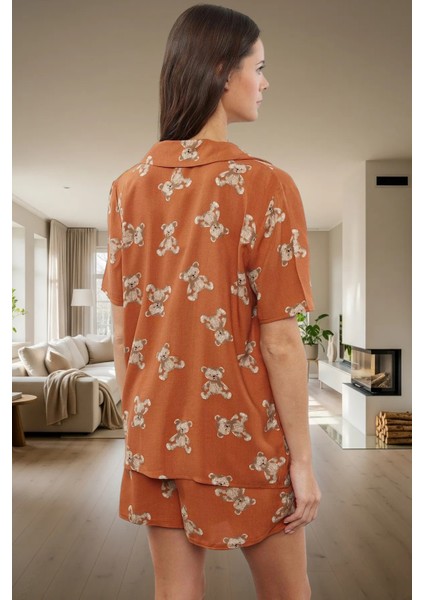 Dokuma Viskoz Pijama Takımı Şortlu Ayıcıklı Desen Rahat Yazlık Ev Için Seçkin Malzeme modelleri