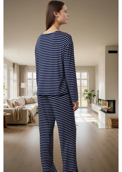 Kışlık Rahat Pijama Takımı 96% Viskon Çizgili Geniş Paça Yüksek Kalite Mükemmel Uyum