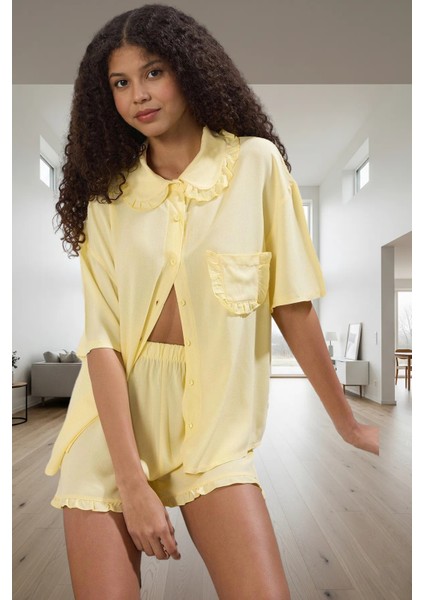 Homewear Yazlık Şortlu Pijama Takımı Viskoz Fırfır Detaylı Rahat Kalıp Premium Kalite