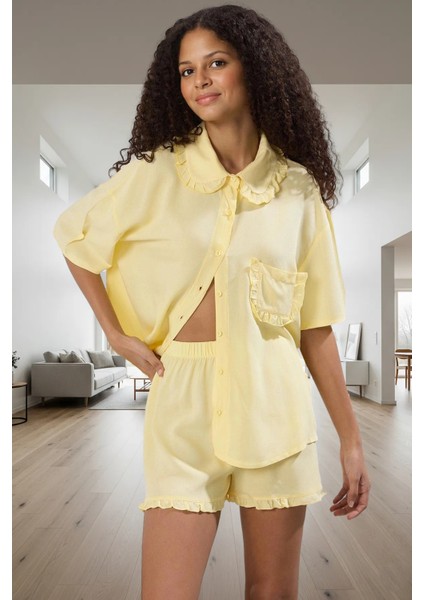 Homewear Yazlık Şortlu Pijama Takımı Viskoz Fırfır Detaylı Rahat Kalıp Premium Kalite fiyatları