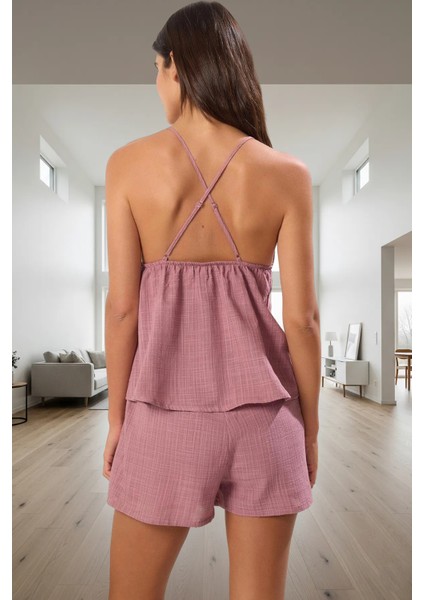 Feminen Pijama Takımı Dantel Detaylı Flamlı Pamuk Dokuma Yazlık Şortlu Modern Stil Rahat ve Şık