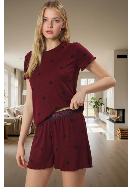 Rahat Yazlık Pijama Takımı Kalpli Desen Örme Kumaş Lastikli Şort Yüksek Kalite Mükemmel Uyum