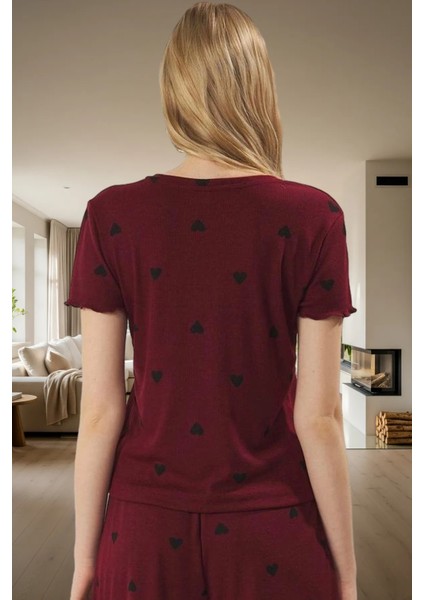 Rahat Yazlık Pijama Takımı Kalpli Desen Örme Kumaş Lastikli Şort Yüksek Kalite Mükemmel Uyum modelleri