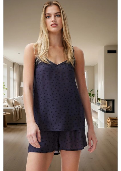 Viskoz Pijama Takımı Yıldız Desenli V Yaka Regular Kalıp Ince Askılı Boru Paça Şort fiyatları