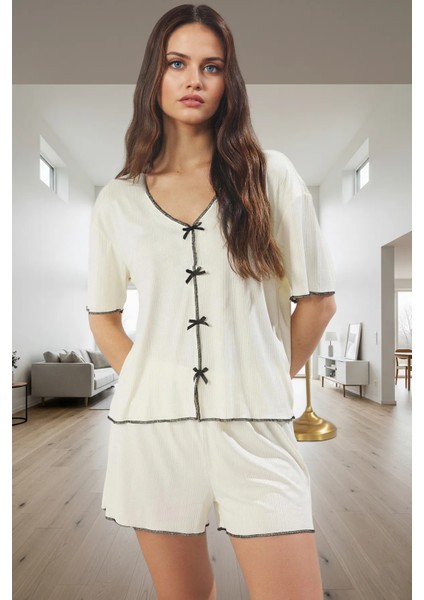 Rahat Pijama Takımı Kaşkorse Örme Yazlık Şortlu Ev Giysisi Dayanıklı Malzeme Konforlu Kesim