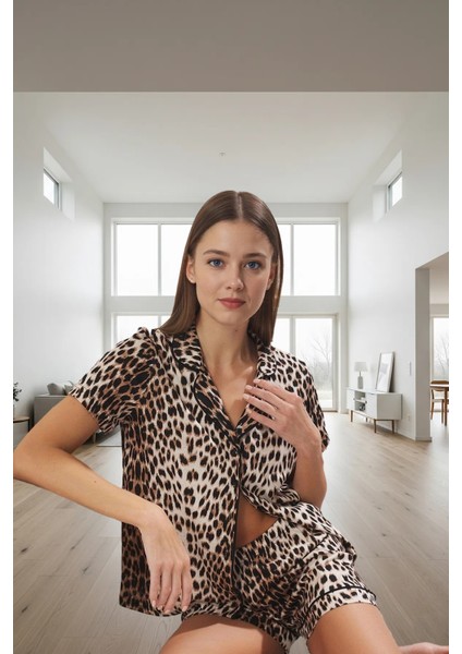 Rahat Pamuklu Pijama Takımı Leopar Desenli Kısa Kollu Şortlu Yazlık Trend Tasarım Premium Kalite