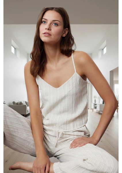 Rahat Geniş Paça Pijama Takımı Viskonlu Crinkle Dokuma Profesyonel Görünüm ve Şık