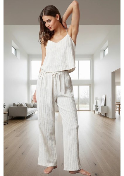 Rahat Geniş Paça Pijama Takımı Viskonlu Crinkle Dokuma Profesyonel Görünüm ve Şık fiyatları