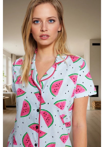 Örme Pamuklu Karpuz Desenli Pijama Takımı Yazlık Rahat Regular Kalıp ve Şık Premium Kalite