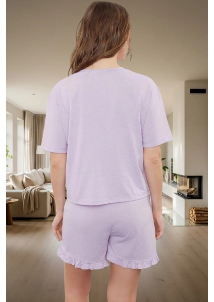 Baskılı Örme Pijama Takımı Fırfırlı Şort ve Rahat Tişört Yaz Için Ideal Kaliteli Işçilik