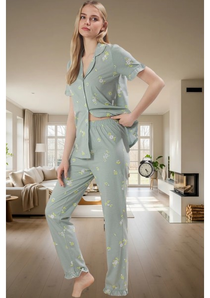 Ev Giyim Seti %100 Pamuklu Çiçekli Pijama Takımı Regular Kalıp Kaliteli Işçilik