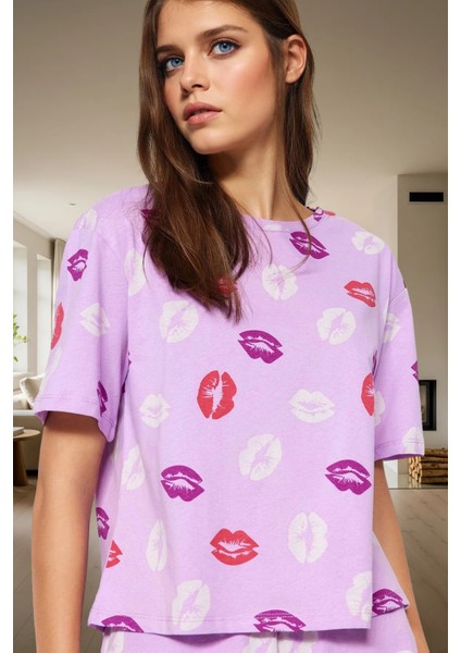 Pamuklu Dudak Desenli Örme Pijama Takımı Yazlık Rahat 2'li Set Premium Kalite