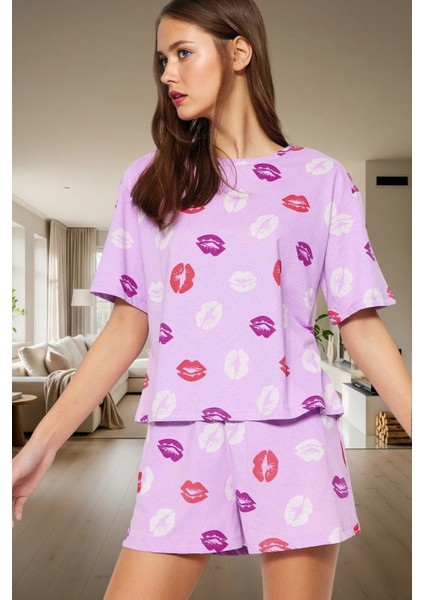 Pamuklu Dudak Desenli Örme Pijama Takımı Yazlık Rahat 2'li Set Premium Kalite fiyatları