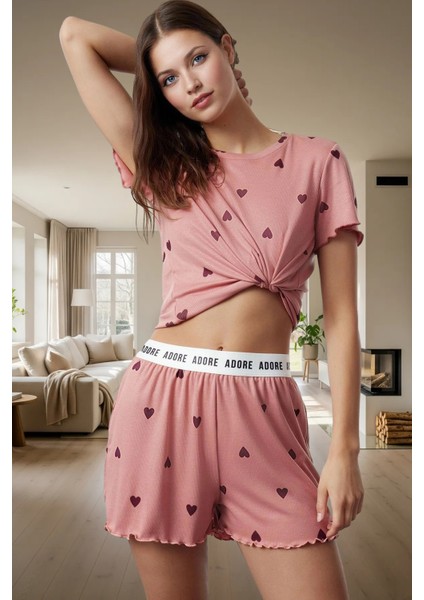 Rahat Yazlık Pijama Takımı Kalpli Desen Örme Kumaş Lastikli Şort Yüksek Kalite Mükemmel Uyum