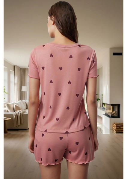 Rahat Yazlık Pijama Takımı Kalpli Desen Örme Kumaş Lastikli Şort Yüksek Kalite Mükemmel Uyum modelleri