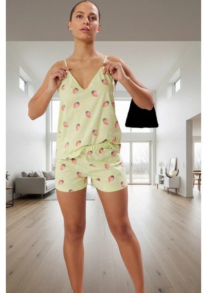 Nefes Alan Pamuklu Pijama Takımı V Yaka Çilek Desenli Yazlık Günlük Kullanım Için Uzun Ömürlü