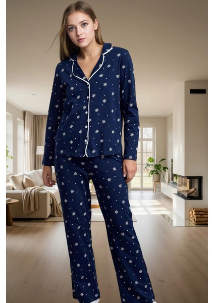 Biyeli Kışlık Pijama Takımı %100 Pamuk Örme Kumaş Rahat Kalıp Profesyonel Görünüm